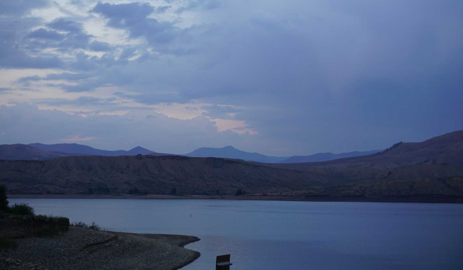 Spectacular smoky views of the Wolford Reservoir at dusk.