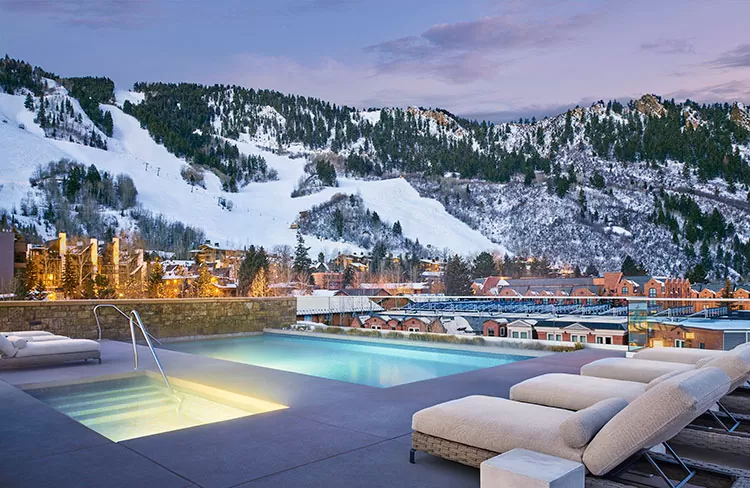 Winter views of Aspen Mountain from the heated rooftop pool of the Residences Little Nell.