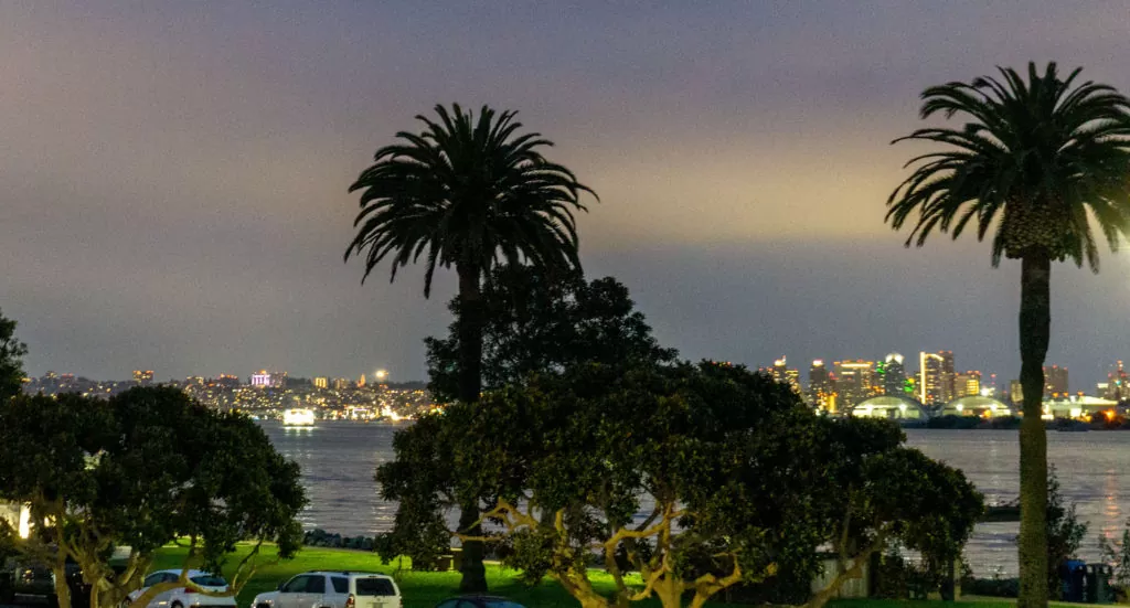 Sparking lights of downtown San Diego at night from Shelter Island.