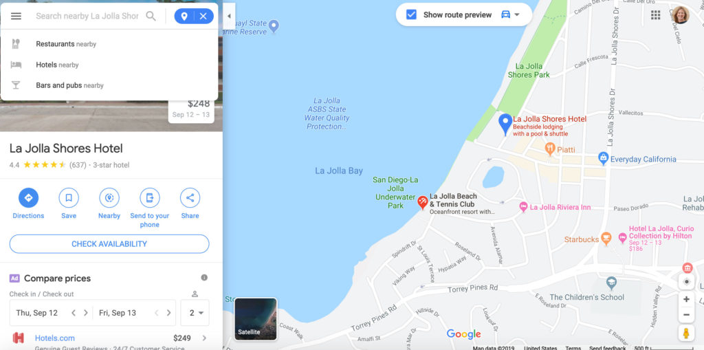 Google Maps Nearby functions finds parks, restaurants and more.