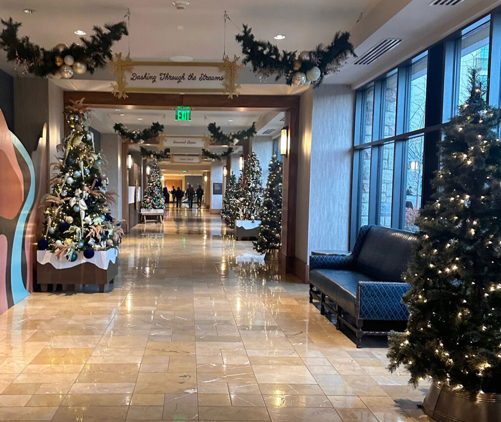The hallways at Gaylord Rockies decorated for Christmas